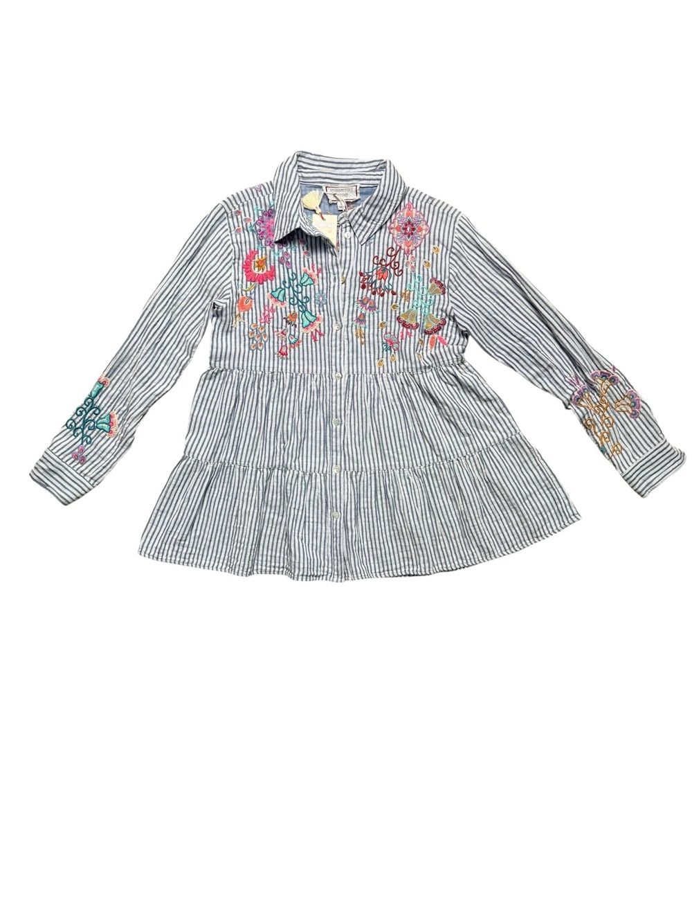 NWT Johnny Was Workshop Embroidered Stripe Tunic Top Small Boho Button Front - Picture 2 of 16